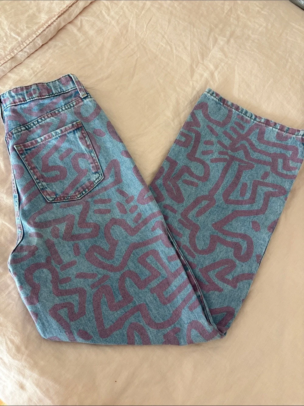 H&M Keith Haring High Waist Wide Leg Jeans 14 Like New